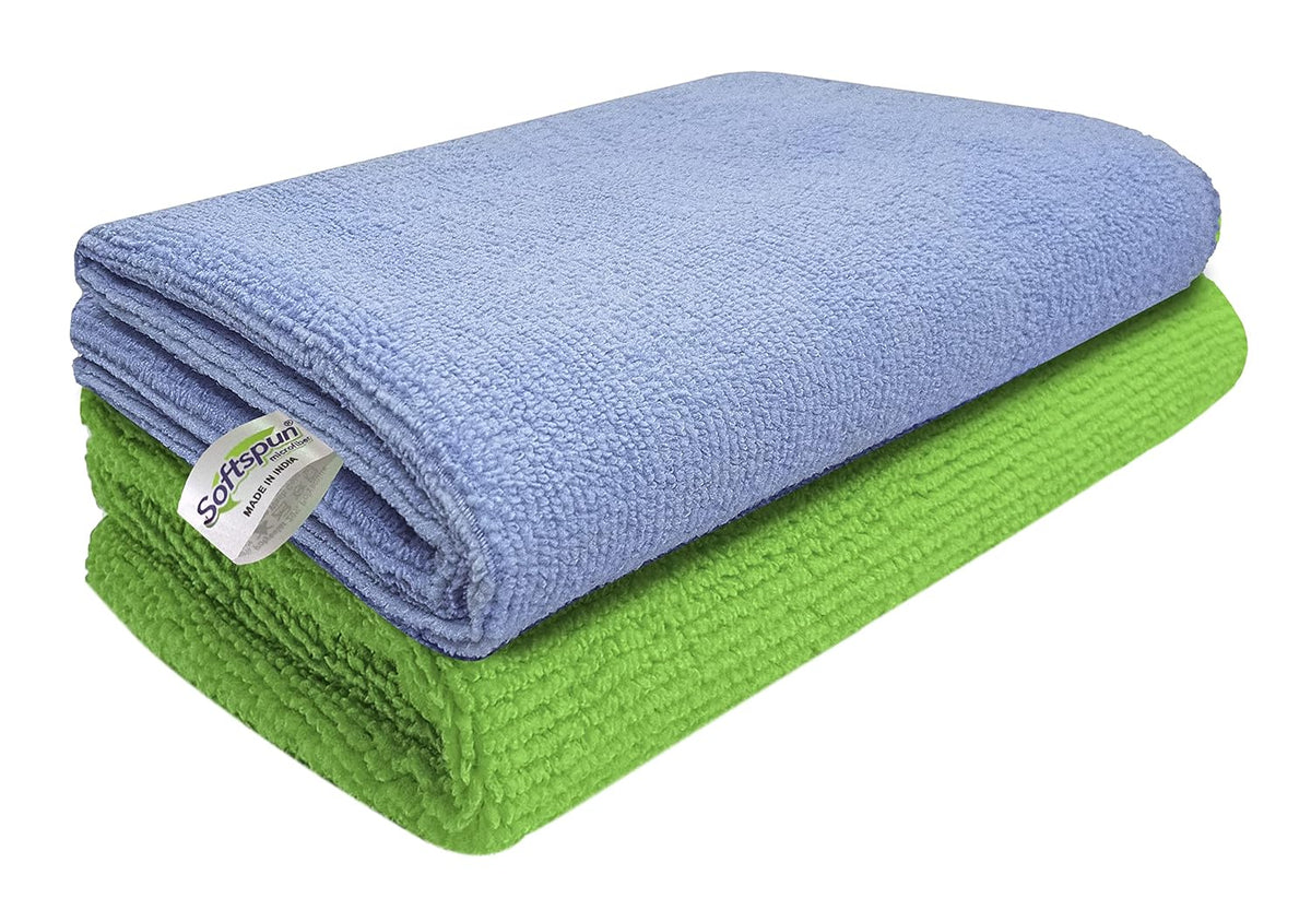 Softspun Microfiber Cleaning Cloths Towel Set 300 Gsm | Highly Absorbent Lint And Streak Free Multi-Purpose Wash Cloth For Kitchen, Car, Stainless (2 Pcs)- Green & Sky Blue