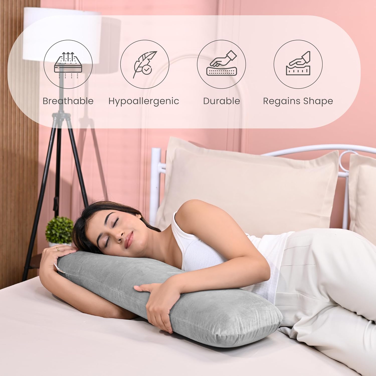 Memory Foam Half Body Pillow, For Sleeping & Hugging, Pregnancy, Grey - 30 X 10 X 5 Inches | Long Cuddle Pillow Suitable For Side Sleepers & Back Support | Velvet Cover, Multipurpose Use