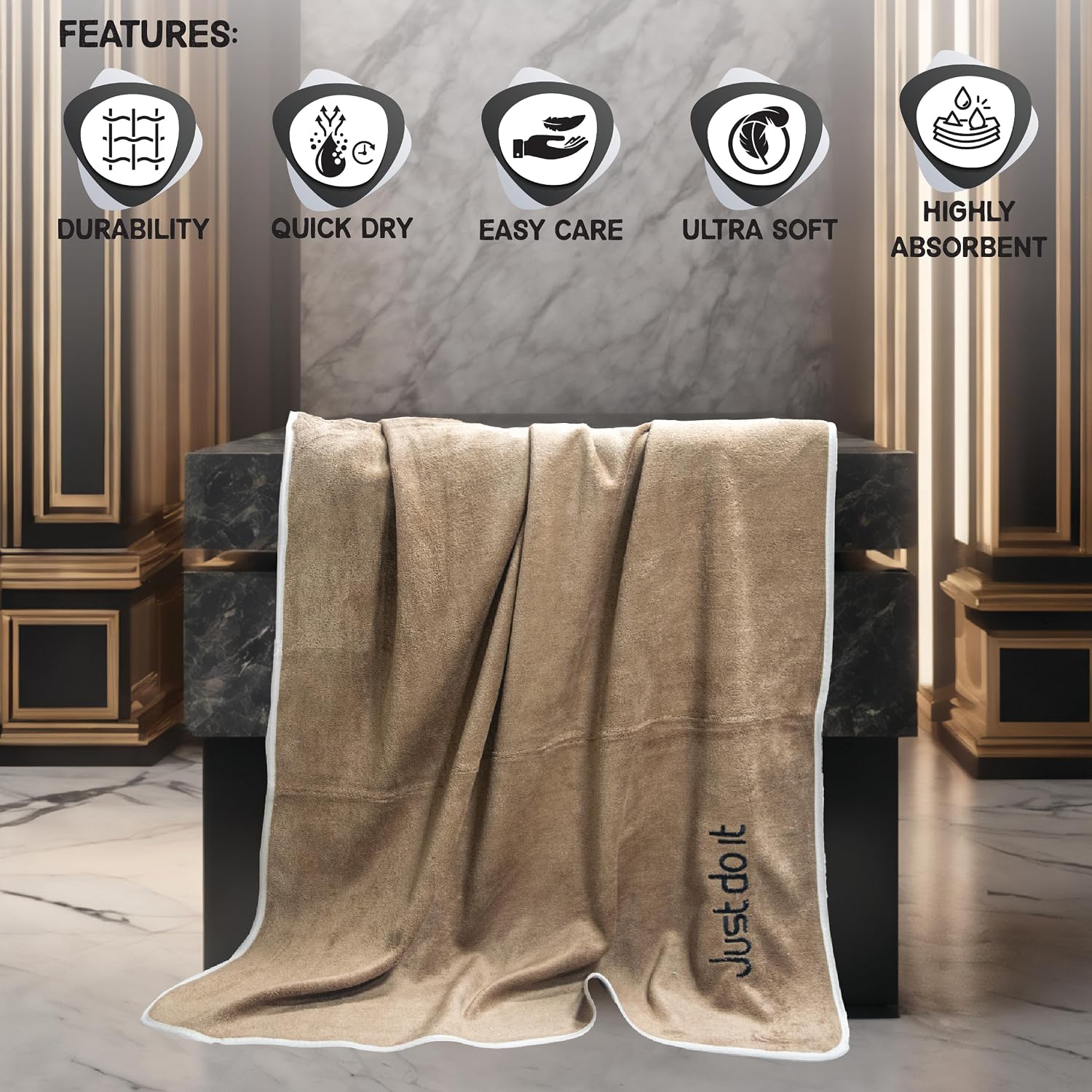 Housse Premium Soft Microfiber Embroidery Bath Towel 350 Gsm | Soft Absorbent Quick-Drying Sweat Towel (Just Do It - Brown)