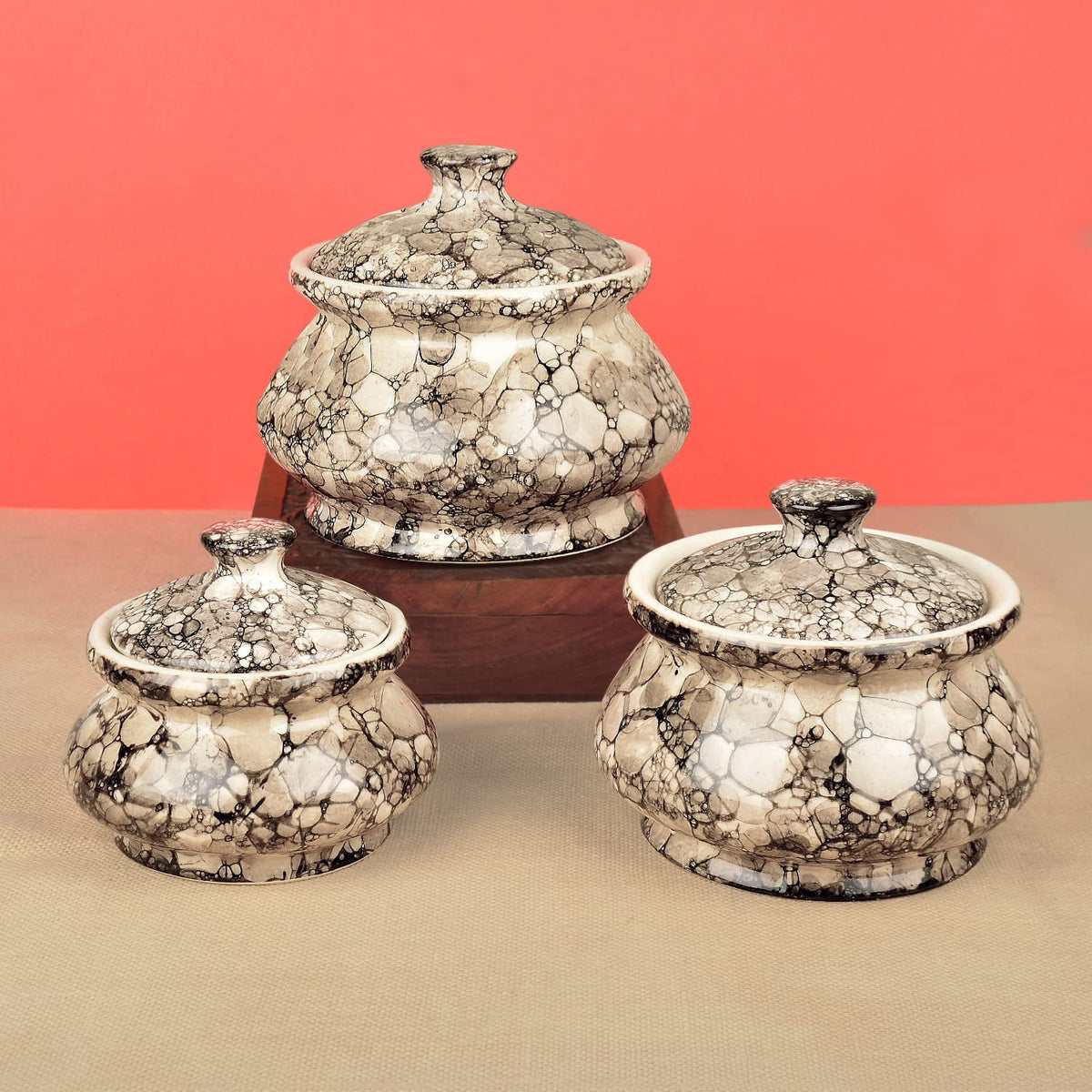 Hand Painted Ceramic Handi Set With Lid, Set Of 3 - Grey Luster | Dinner Serving Bowls | Biryani Handi, Serving Pots Bowls - Biryani Handi, Serving Pots