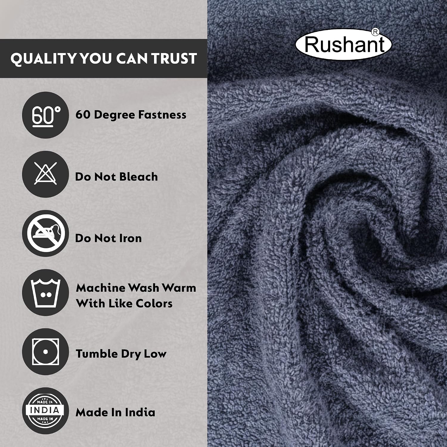 Rushant 100% Combed Cotton Hand Towels 600 Gsm | Ultra Soft, Quick Dry & Super Absorbent For Home, Gym & Travel (Grey) - Set Of 4