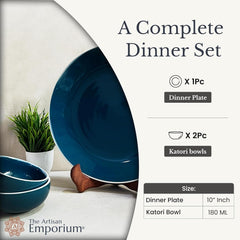 Retro Green Handcrafted Ceramic Dinner Set - 3 Pieces | 1 Dinner Plate + 2 Katori Bowls, 180ml Each Dinnerware Set | Serving For 1, Microwave Safe & Dishwasher Safe