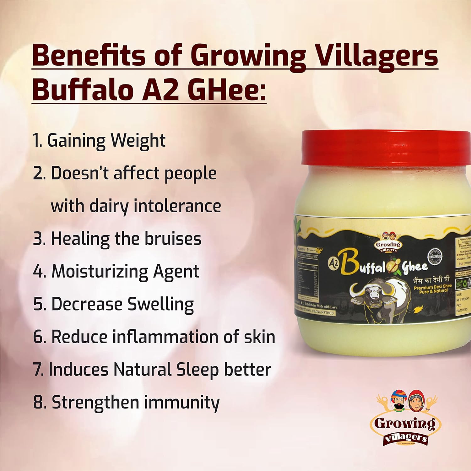 Organic Pure A2 Buffalo Ghee By Growing Villagers | Good Source Of Energy Healthy & Nutrients Desi Ghee Improves Digestion | 1 Litre (500ml * 2) 33.8 Ounce | Jar Pack