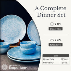 Neelam Handcrafted Ceramic Dinner Set - 8 Pieces, Blue | 4 Dinner Plates + 4 Katori Bowls, 180ml Each Dinnerware Set | Serving For 4, Microwave Safe & Dishwasher Safe