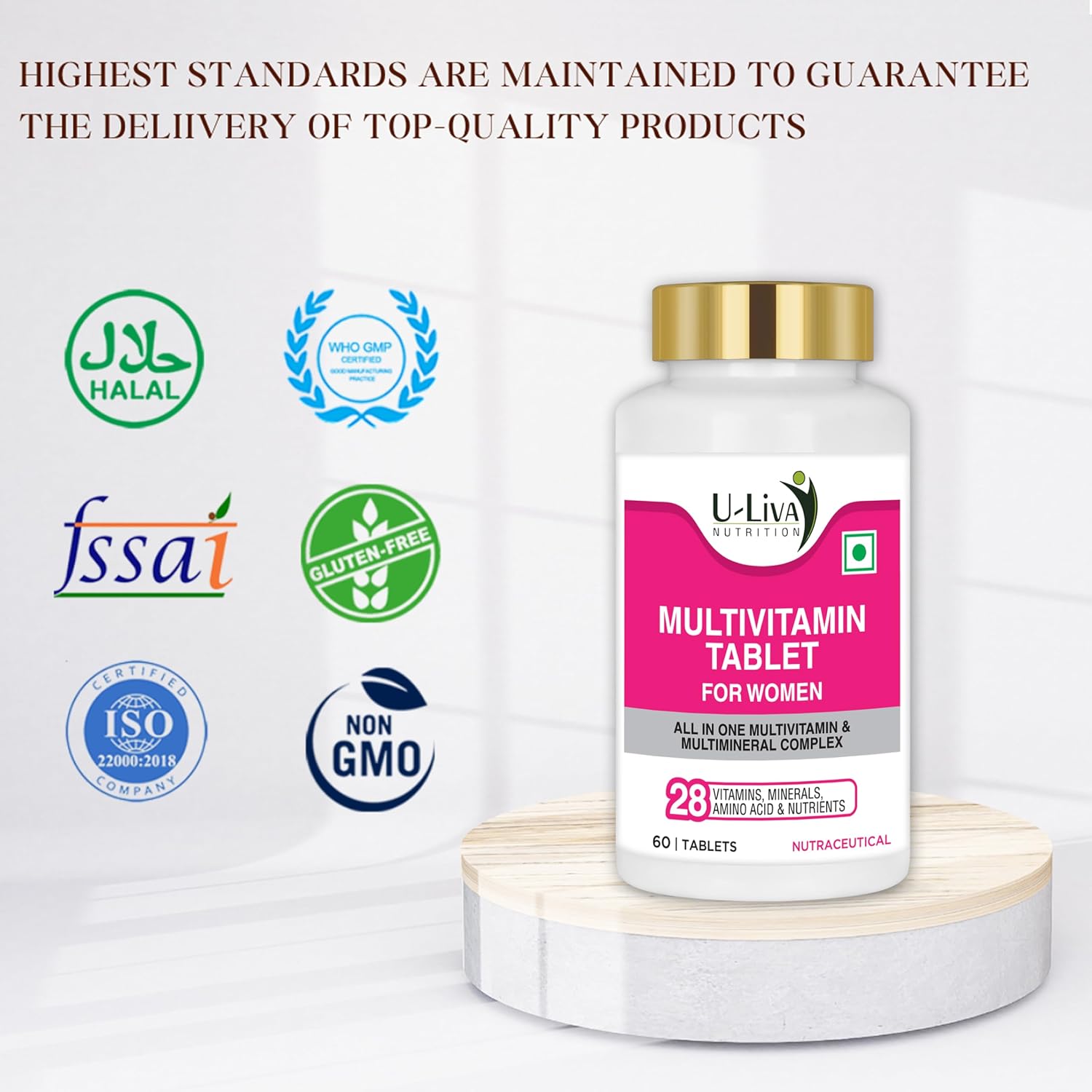 U-liva Nutrition Women's Daily Best Multivitamin , Energize, Fortify & Glow With Vitamin C, 11 & 16 Essential Nutrients For Energy, Immunity, Skin Health, Overall Health | 60 Tablets , 100gm 0.2lbs