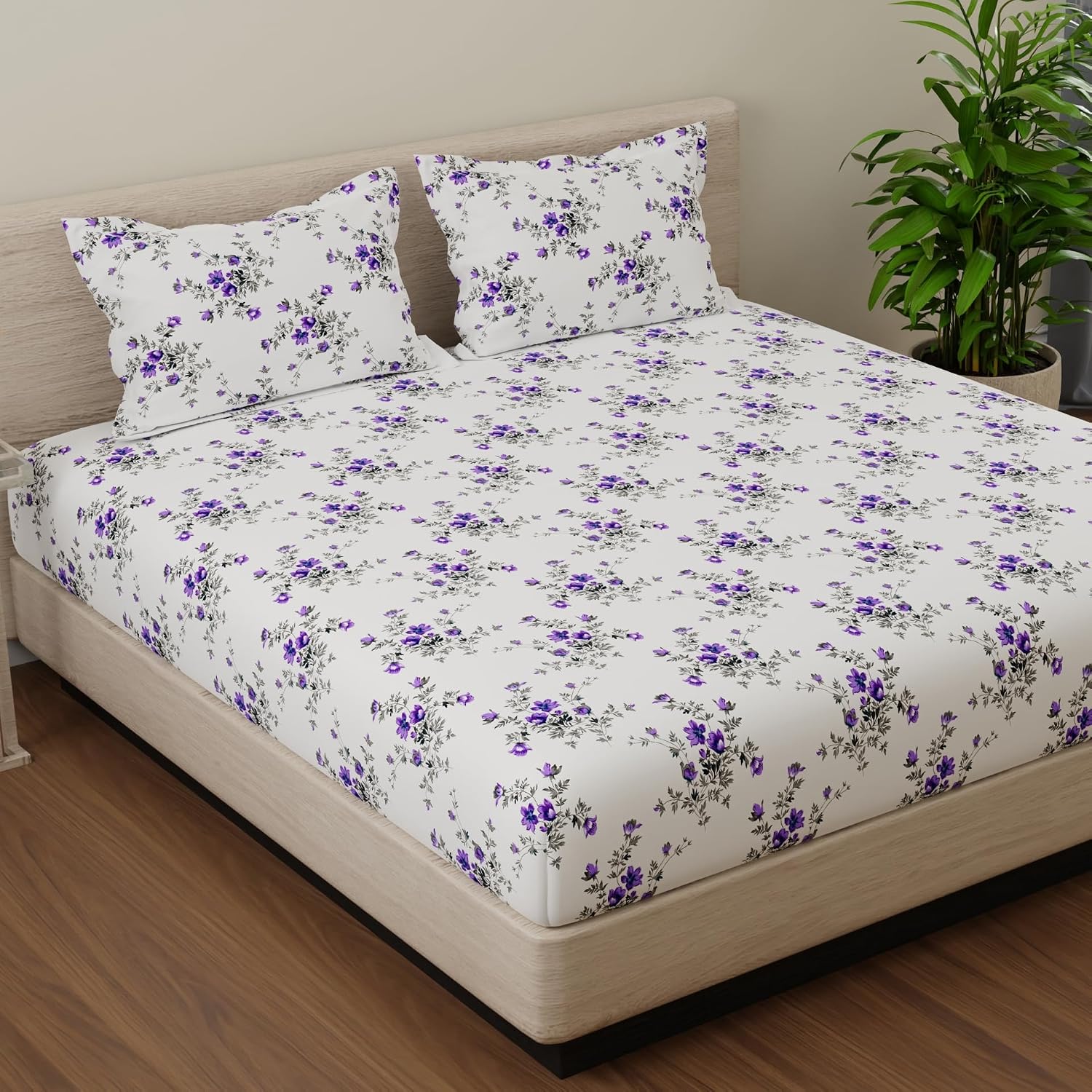 Print King Size Bedsheet With 2 Pillow Cover - 110 X 108 Inches, White & Purple | Soft & Comfortable Feel To Your Skin | Machine Wash In Cold Water