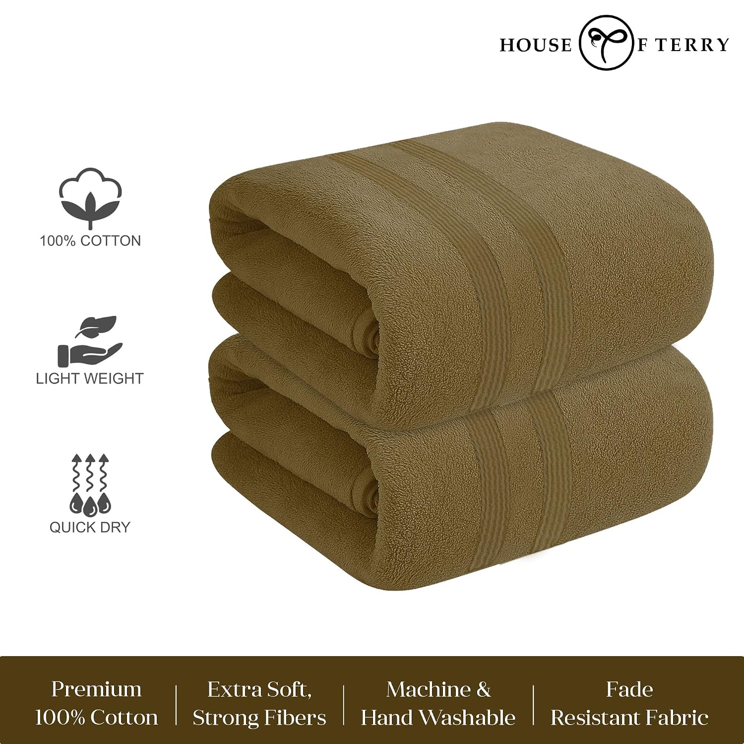 House Of Terry 100% Cotton Bath Towel 900 Gsm | Quick Dry, Fade-Resistant, Soft, Lightweight & Absorbent For Men & Women Large Size Towel (Brown) - 2 Pcs