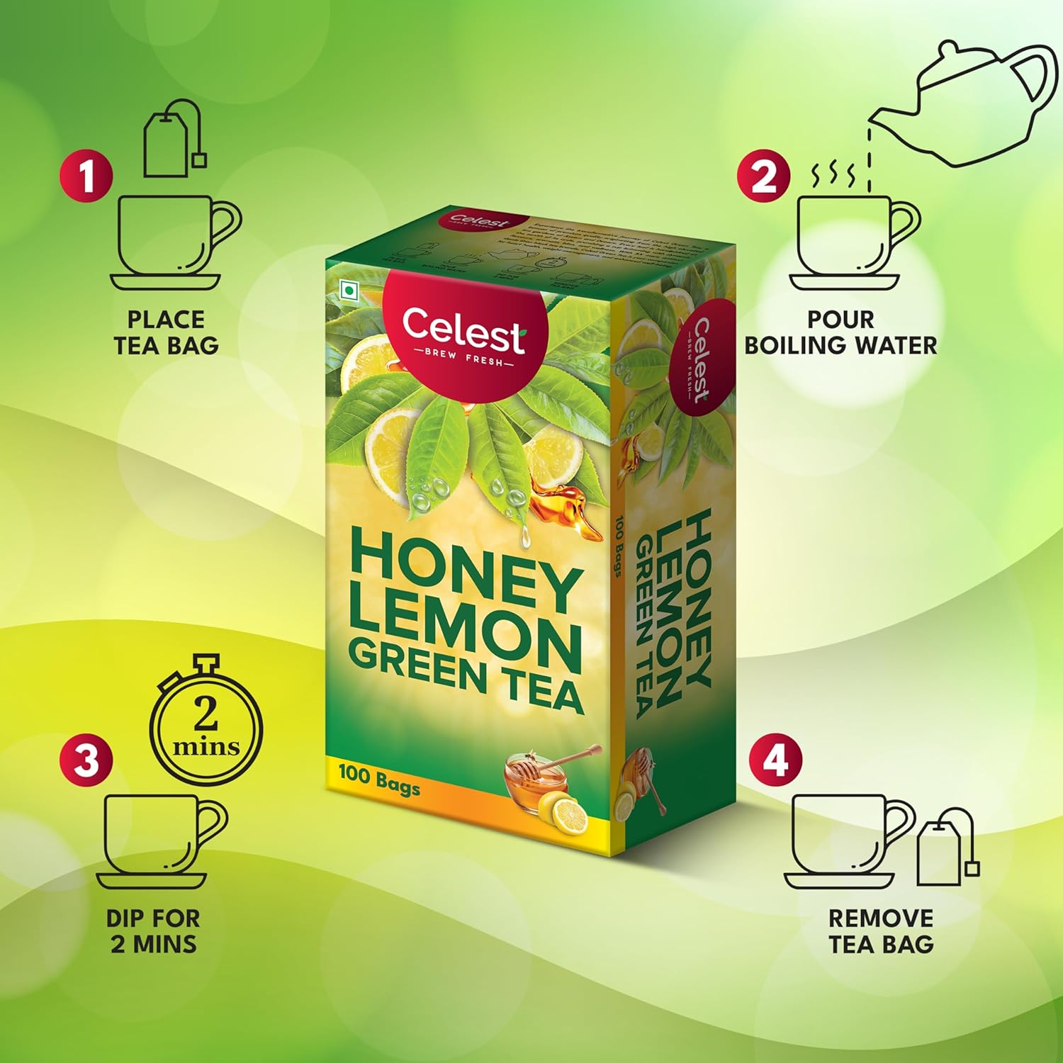 Celest Honey Lemon Green Tea - Pack Of 4 X 100 Enveloped Tea Bags | Helps Boost Metabolism, Zero Calories, Manage Waistline - Green Tea For Weight Loss