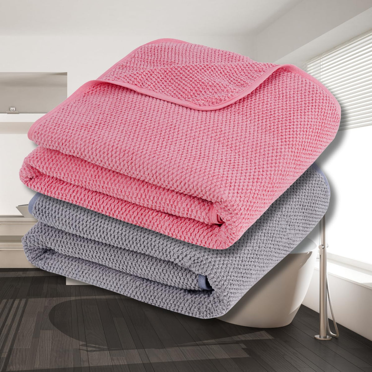 Fezora Microfiber Contler Bath Towels 700 Gsm | Large Size Bath Towel Soft & Absorbent Bath Towel For Men & Women (Peach & Grey)- Pack Of 2