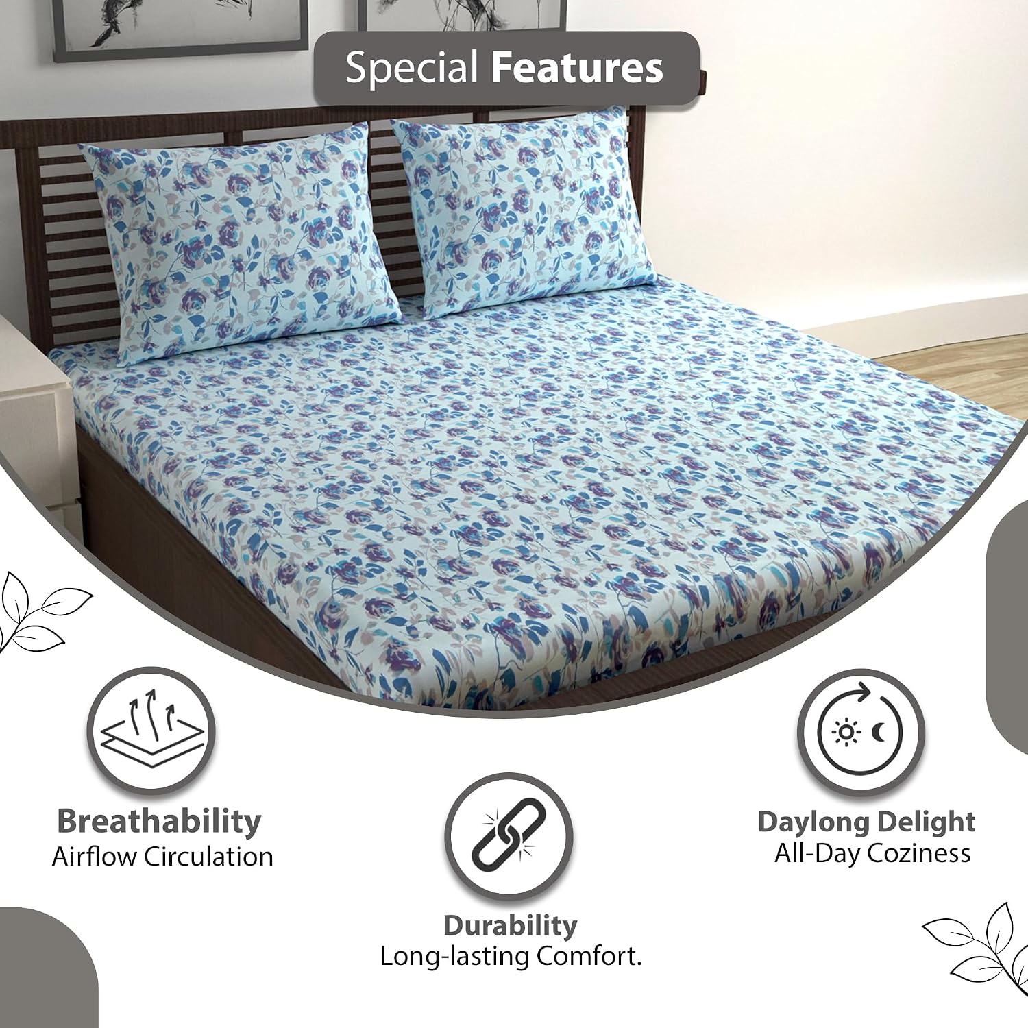 Cotton Double Bedsheet With 2 Pillow Covers - 87 X 100 Inches, Sky Purple & Blue | Smooth & Comfortable For Daily Use - All Weather Coziness & Bedroom Style