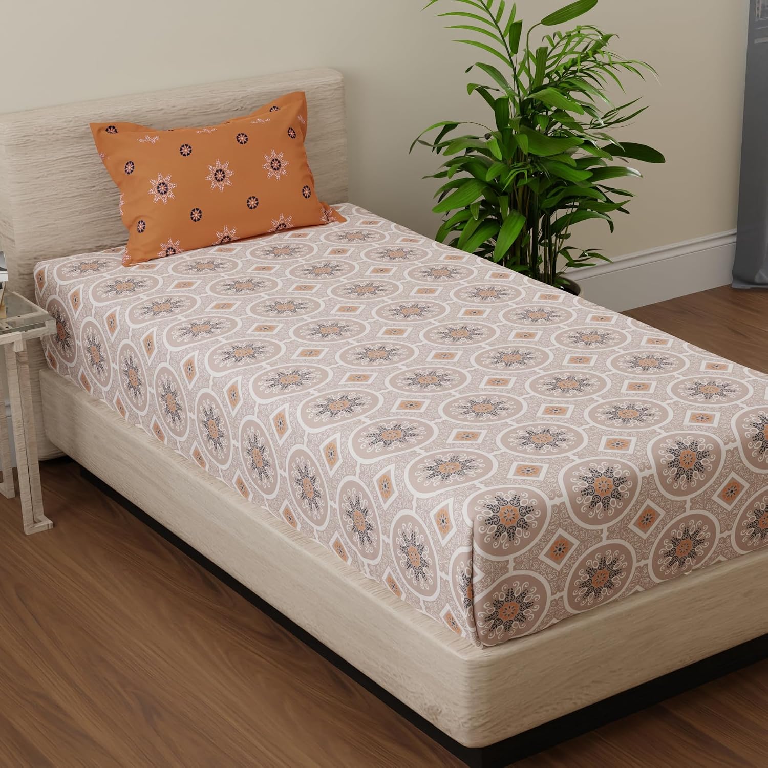 Single Bedsheets With 1 Pillow Cover - 55 X 88 Inches, Orange & Brown | Perfect For Home Decor & Gifts | 144 Thread Count