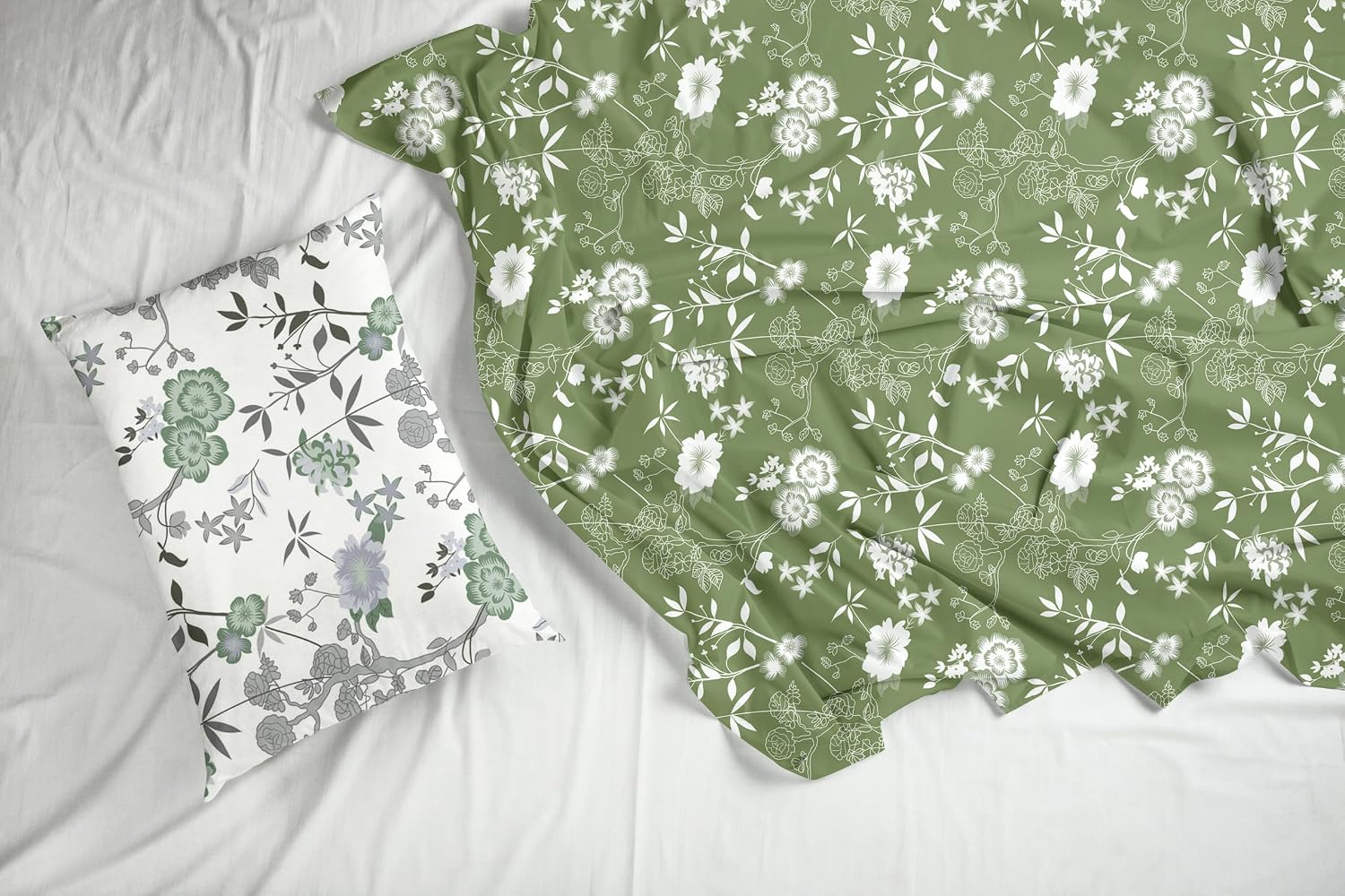 1 Single Bedsheet & 1 Pillow Cover - 54 X 84 Inches, Olive Green & White | Coordinated Look For Your Bedding | Durable & Easy To Maintain