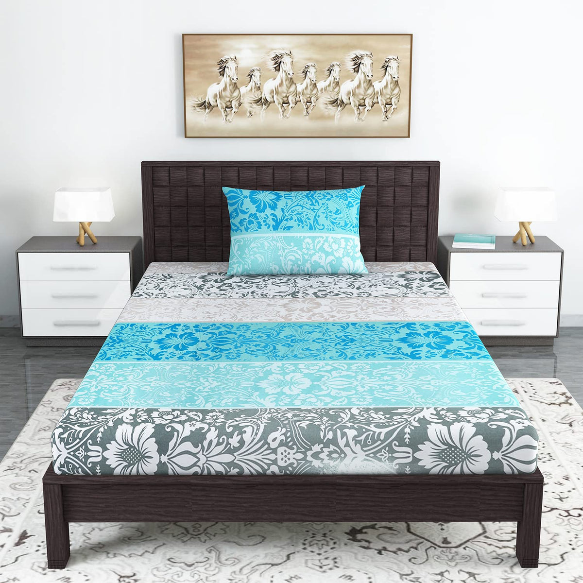 1 Single Bedsheet With 1 Pillow Cover - 57 X 87 Inches, Sky Blue & Grey | Skin Friendly Fabric For Everyday Use - Soft, Breathable & Comfortable Sleeping