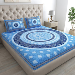 Flower Jaipuri Print 100% Cotton Double Bedsheet For Queen Size With 2 Pillow Covers - 82 X 92 Inches, Blue | Better Use Soft Detergent For Long Durability