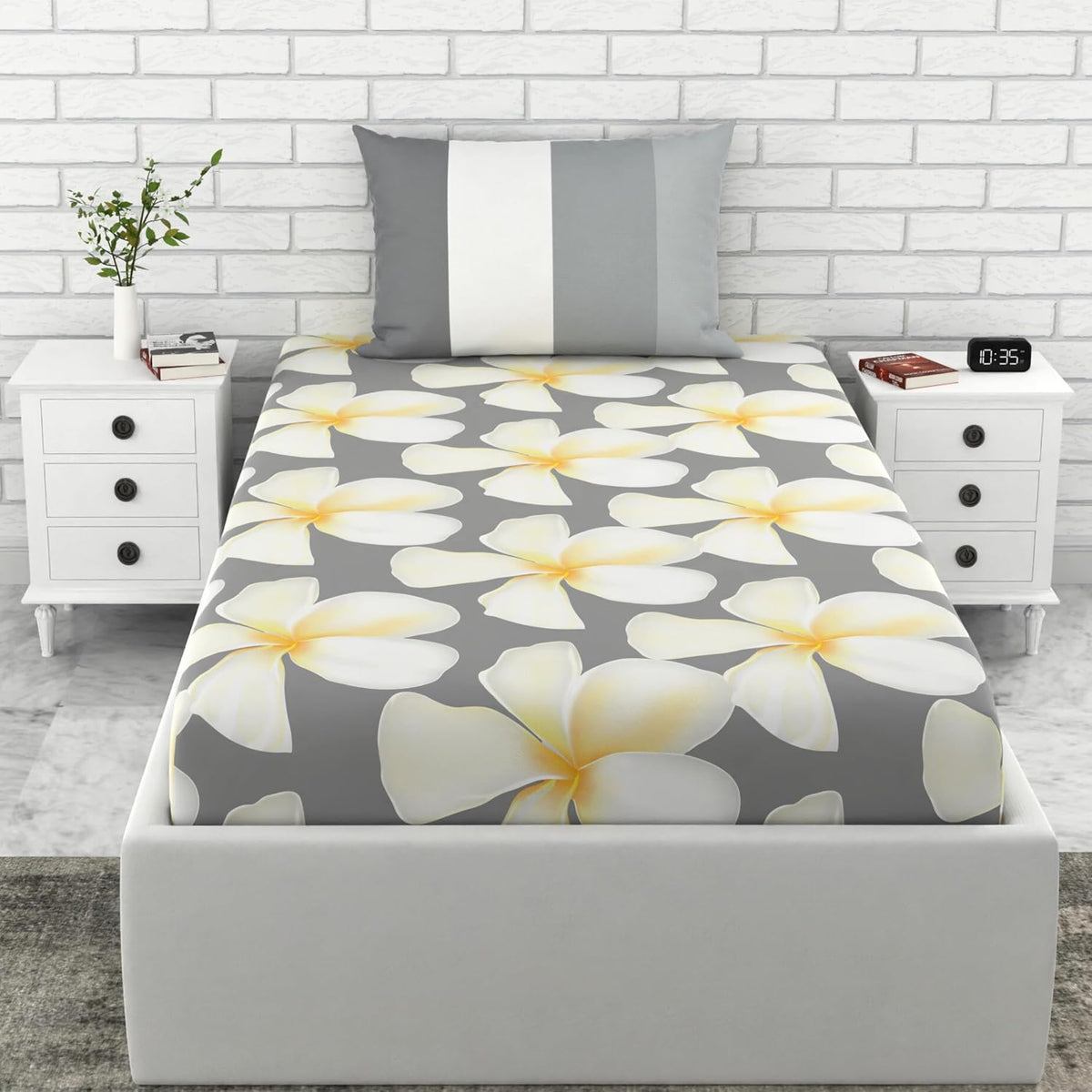 1 Single Bedsheet With 1 Pillow Cover - 54 X 84 Inches, Grey & White | Comfort Meets Everyday Styles | Traditional Ideal For All-Season Use