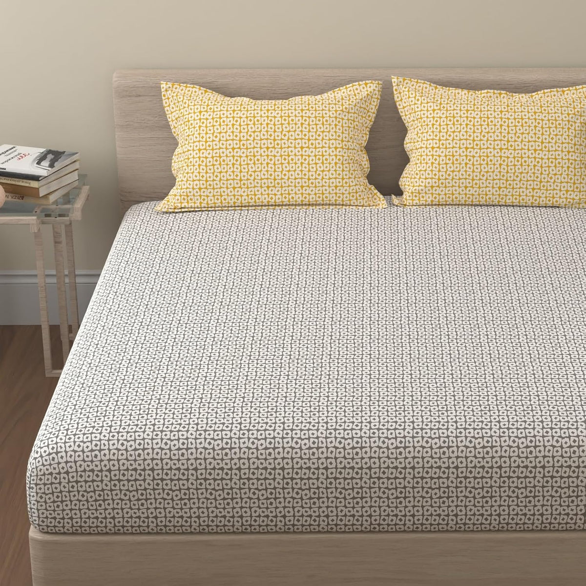 Cotton Bedsheet For King Size With 2 Pillow Covers - 108 X 108 Inches, Grey & Yellow | Soft & Comfortable Feel To Your Skin