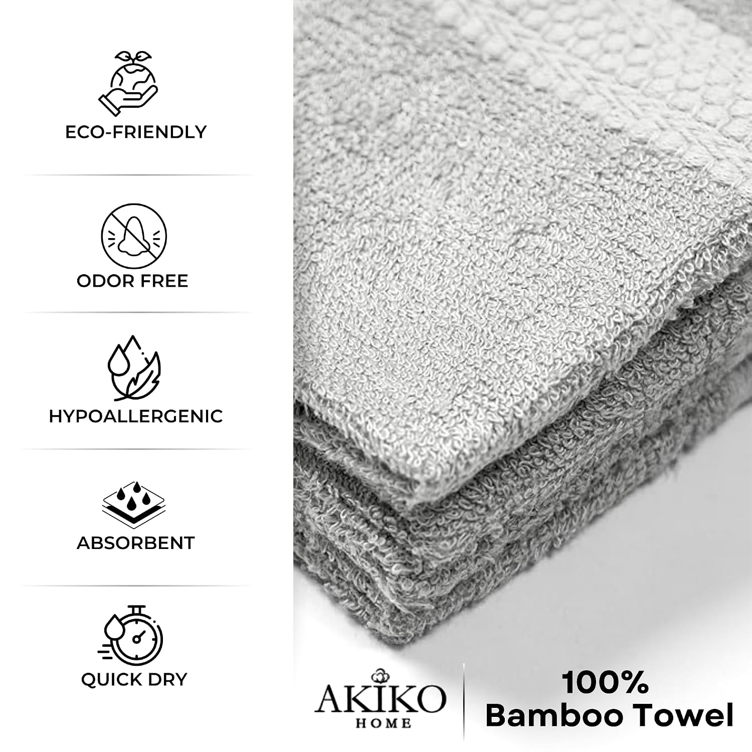 Akiko Home 100% Bamboo Face Towel 500 Gsm | Quick Dry, Super Soft, Anti Bacteria, Fast Absorbent, Eco Friendly, Hypoallergenic, Odor Resistant Face Towel | Pack Of 4 (Grey)