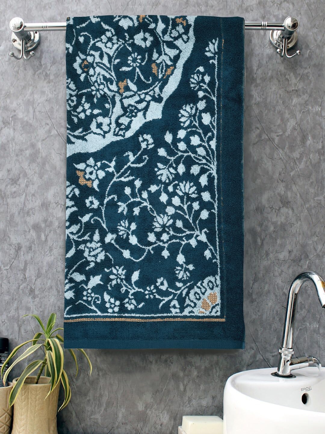 Homefresh Print Cotton Bath Towel 500 Gsm | Geometric Pattern Navy Blue & Grey (Heera)