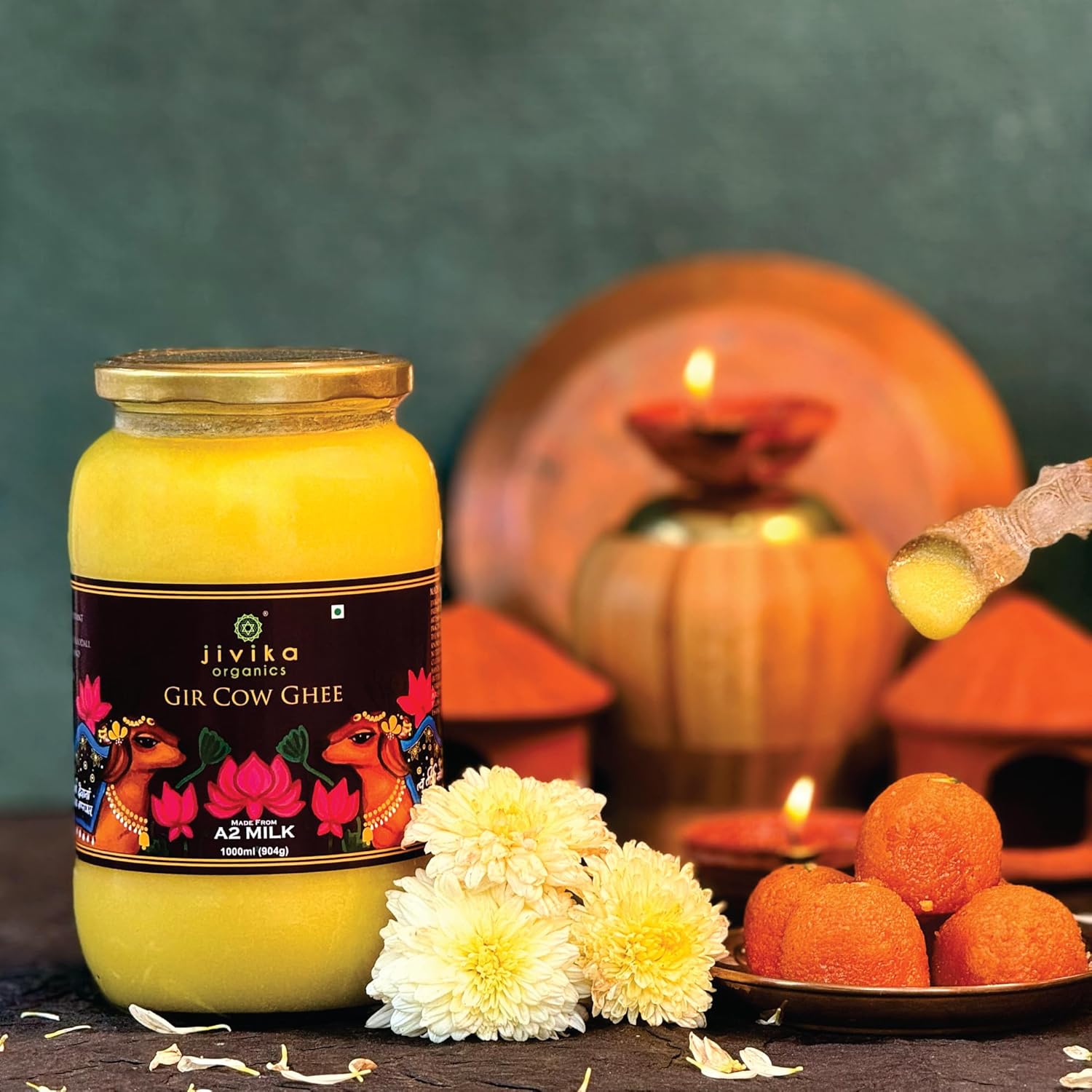 Organic Natural Gir Cow Ghee By Jivika Naturals | Good Source Of Vitamin A & Healthy Desi Ghee Perfect For Skin Care | (1 Litre) | 33.8 Ounce | Jar Pack