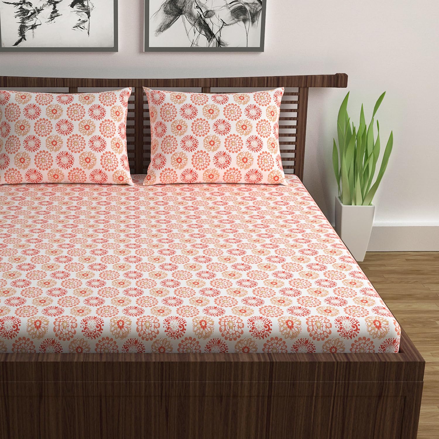 100% Pure Cotton Double Bedsheet For Queen With 2 Pillow Covers - 87 X 100 Inches, Orange & White | Soft & Durable For Everyday Use & Bedroom - All Season Comfort