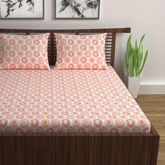 100% Pure Cotton Double Bedsheet For Queen With 2 Pillow Covers - 87 X 100 Inches, Orange & White | Soft & Durable For Everyday Use & Bedroom - All Season Comfort