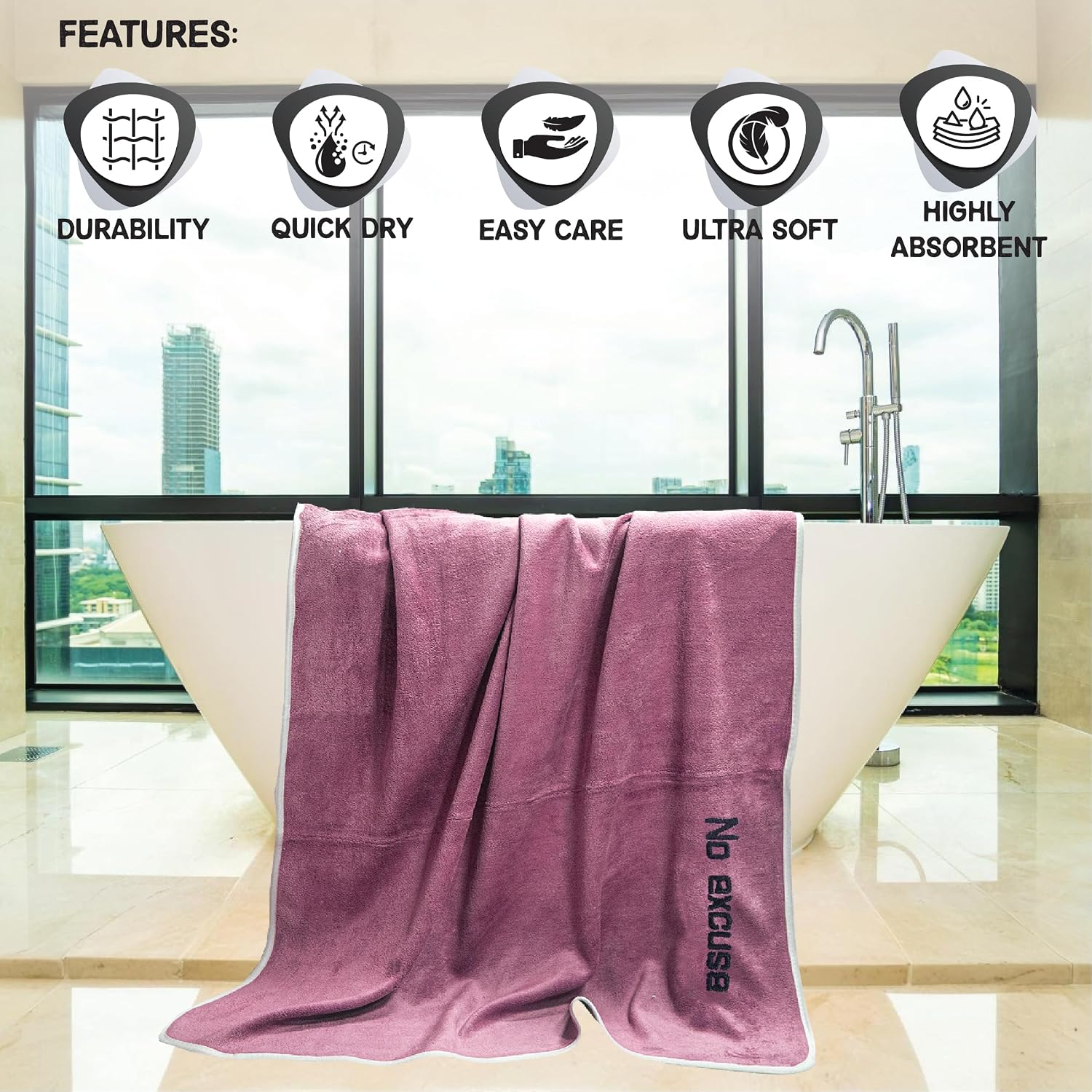 Housse Premium Soft Microfiber Embroidery Bath Towel 350 Gsm | Soft Absorbent Quick-Drying Sweat Towel (No Excuse - Magenta)