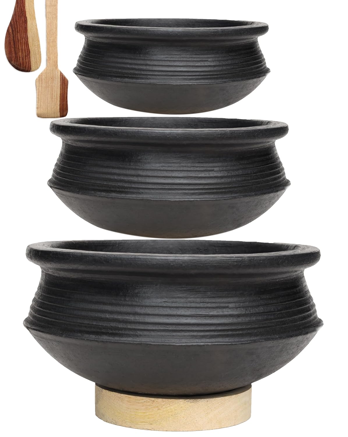 Deep Burned Uncoated Clay Pot Or Mitti Handi Combo With 2 Wooden Spatulas Complimentary Pack Of 3 - Black, 1+2+4 Liters | Pre-Seasoned Mud Pot - Unglazed, Double Fired, Hand Crafted