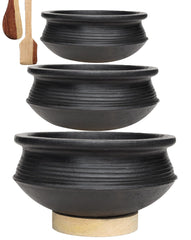 Deep Burned Uncoated Clay Pot Or Mitti Handi Combo With 2 Wooden Spatulas Complimentary Pack Of 3 - Black, 1+2+4 Liters | Pre-Seasoned Mud Pot - Unglazed, Double Fired, Hand Crafted