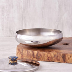 Silver Stainless Steel Bowl With Lid - Large, Royal Lapiz Series | Storing & Serving Bowl - Lapis Lazuli Stone Lid | Serve Ware, Dinnerware & Tableware