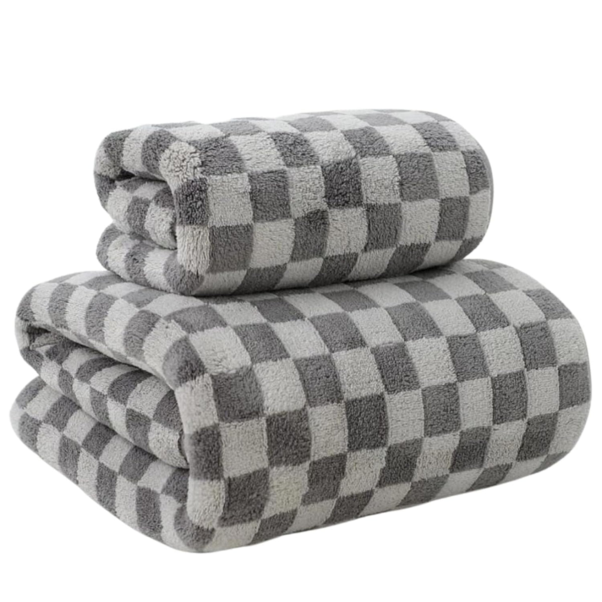 Maxoshine Microfiber Bath-Checkered Towels 390 Gsm | Bath Towel For Men & Women-Soft Coral Fleece Towel With Hook Quick Dry Super Absorbent (1 Bath Towel + 1 Hand Towel Combo) -Grey