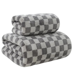 Maxoshine Microfiber Bath-Checkered Towels 390 Gsm | Bath Towel For Men & Women-Soft Coral Fleece Towel With Hook Quick Dry Super Absorbent (1 Bath Towel + 1 Hand Towel Combo) -Grey