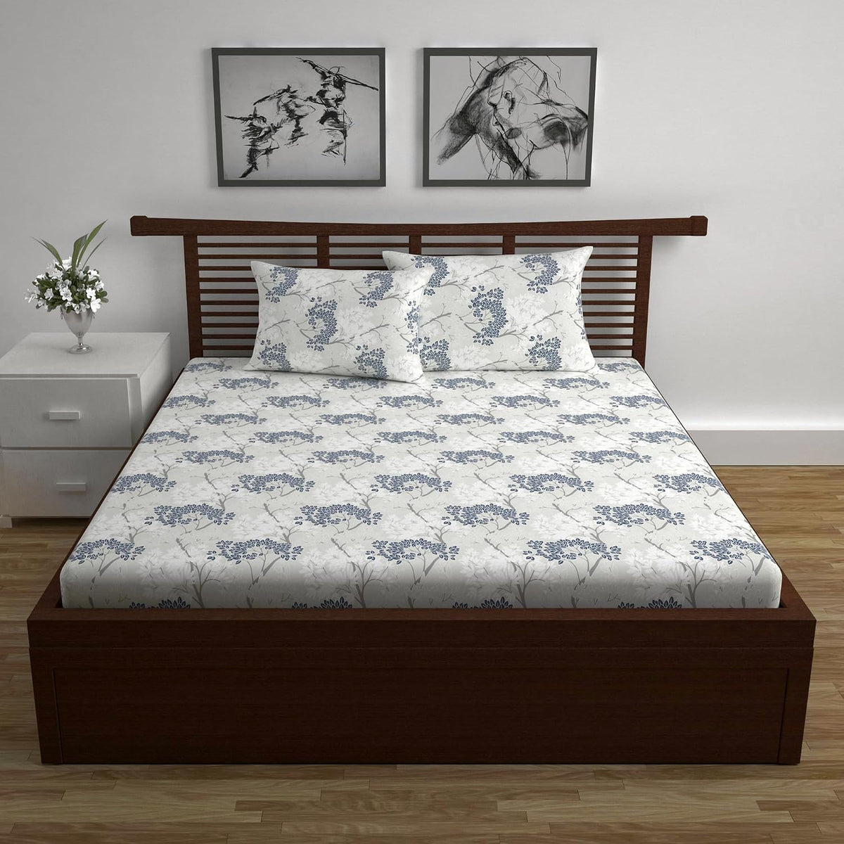 100% Pure Cotton Double Bedsheet For Queen With 2 Pillow Covers - 87 X 100 Inches, Grey & Blue | Soft & Durable For Everyday Use & Bedroom - All Season Comfort