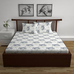 100% Pure Cotton Double Bedsheet For Queen With 2 Pillow Covers - 87 X 100 Inches, Grey & Blue | Soft & Durable For Everyday Use & Bedroom - All Season Comfort