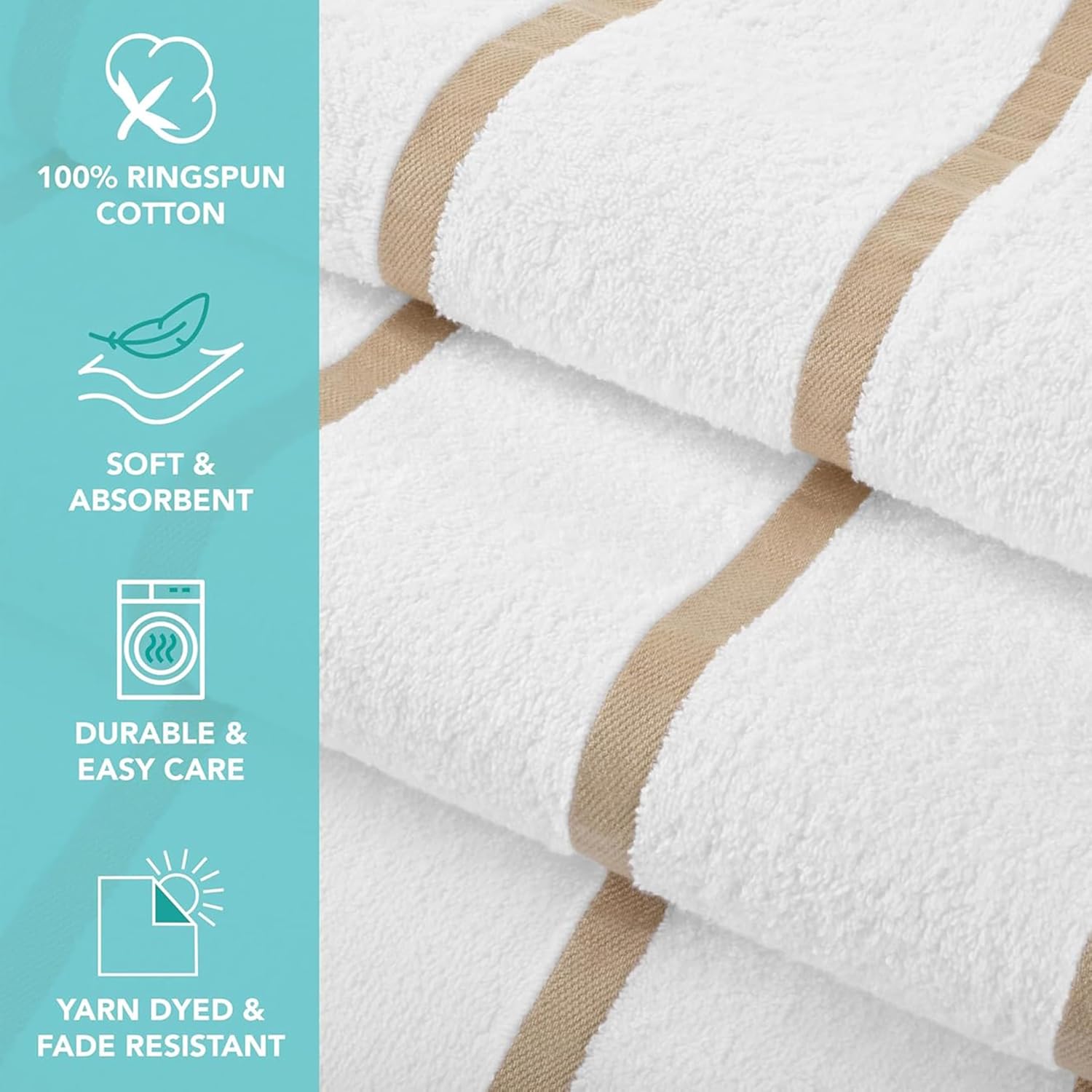 Casa Copenhagen Pack Of 2 Cabana Pool Xl Bath Towels 620 Gsm Cotton Rough & Tough Use Colour (White Beige Stripe)