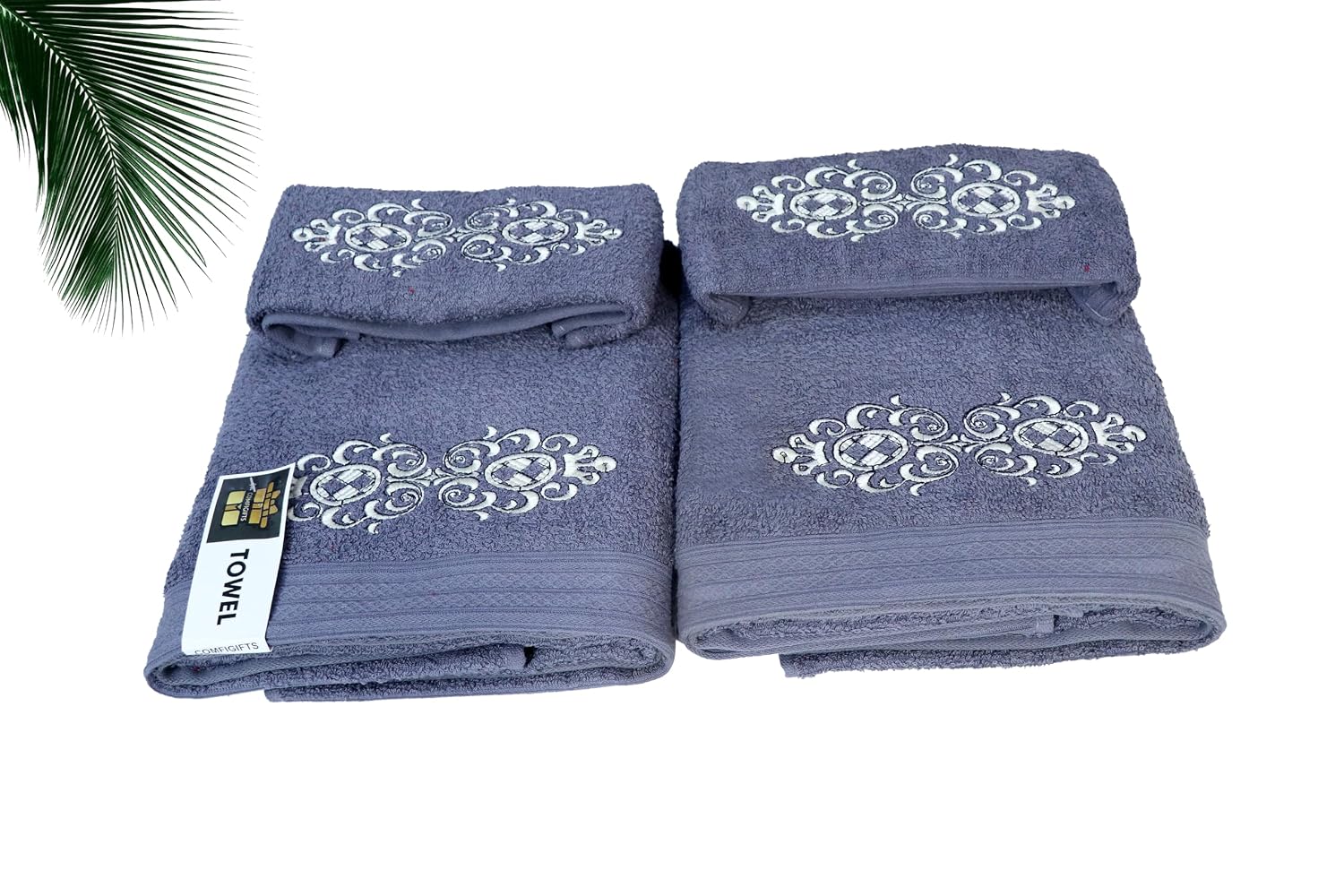 Comfigifts 100% Cotton 2 Bath & 2 Hand Towels 1400 Gsm | Soft, Absorbent, Lightweight Towels With Computerized Embroidery (Grey D2)