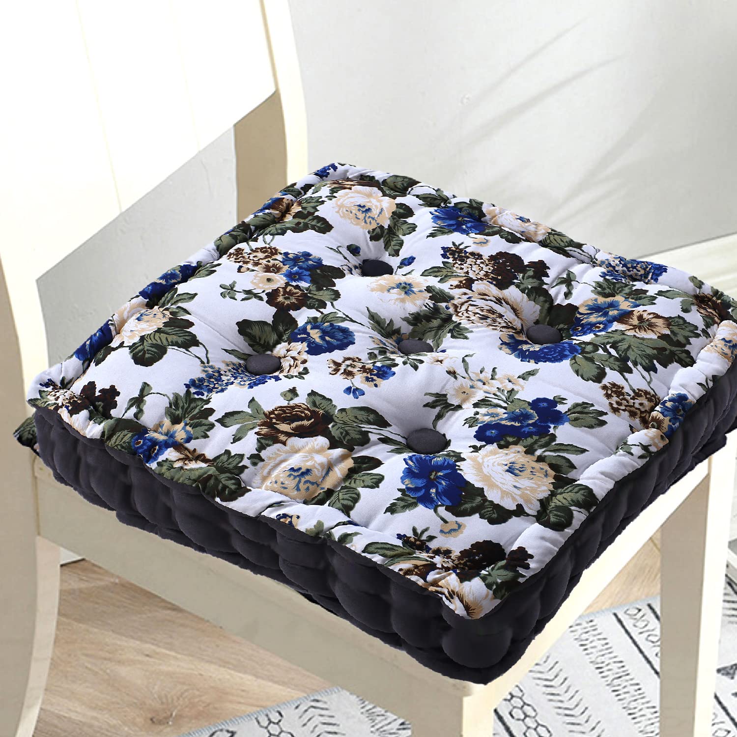 Square Chair Pad, Soft Cotton Pillow Filler For Seating, Living Room - White | Comfortable, Flower Design, Seat Cushion | For Seating Gaddi, Meditation, Yoga | Furniture Cushion, Washable
