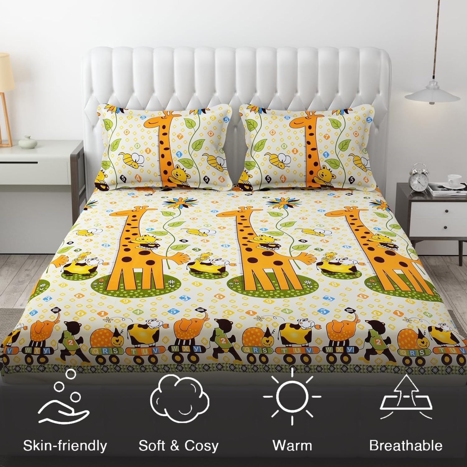 Cartoon Printed Double Bedsheet For Kids With 2 Pillow Cover - 72 X 78 X 10 Inches, Yellow | Cotton Feel All Around Elastic Fitted King Size Double Bed