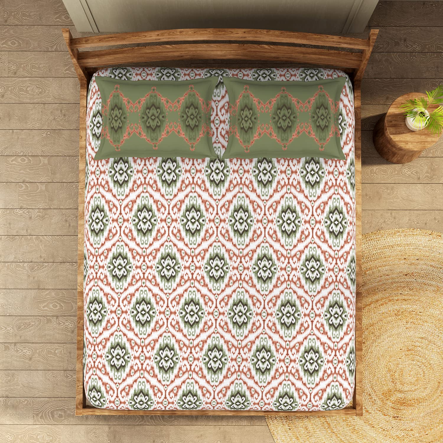 Printed Double Bedsheet For Queen With 2 Pillow Covers | Size 90 X 100 Inches, Light Orange & Green | Wonder Full Cotton Rich Double Bedsheet - Wrinkle Free & Soft Touch