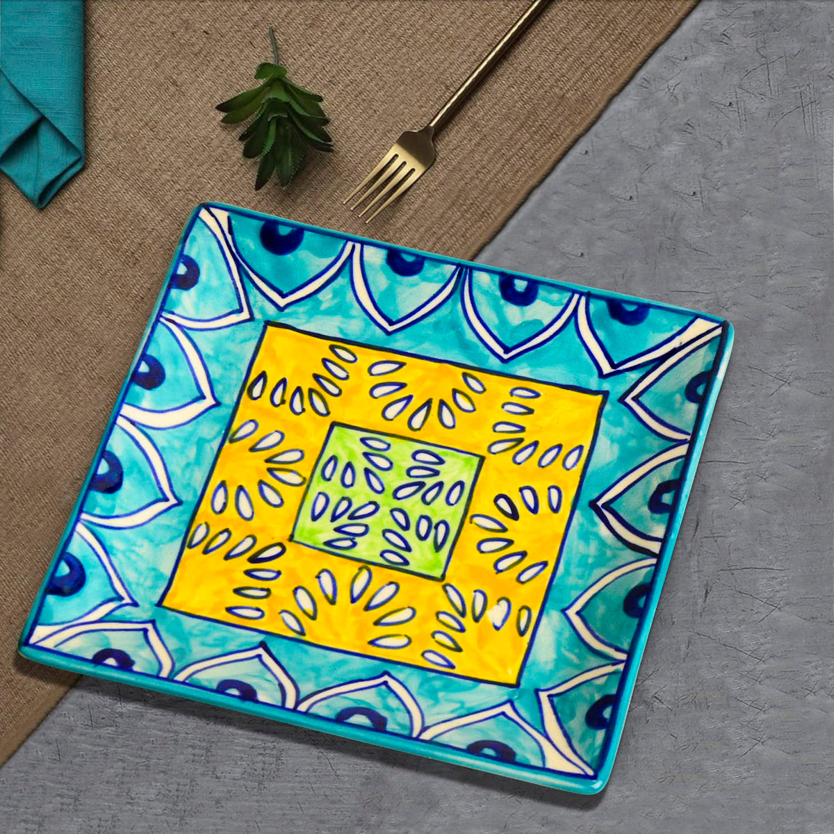 Premium Hand Painted In Traditional Design Ceramic Square Platter - Blue & Yellow, L X B – 18 Cm X 18 Cm | Starter Serving Tray