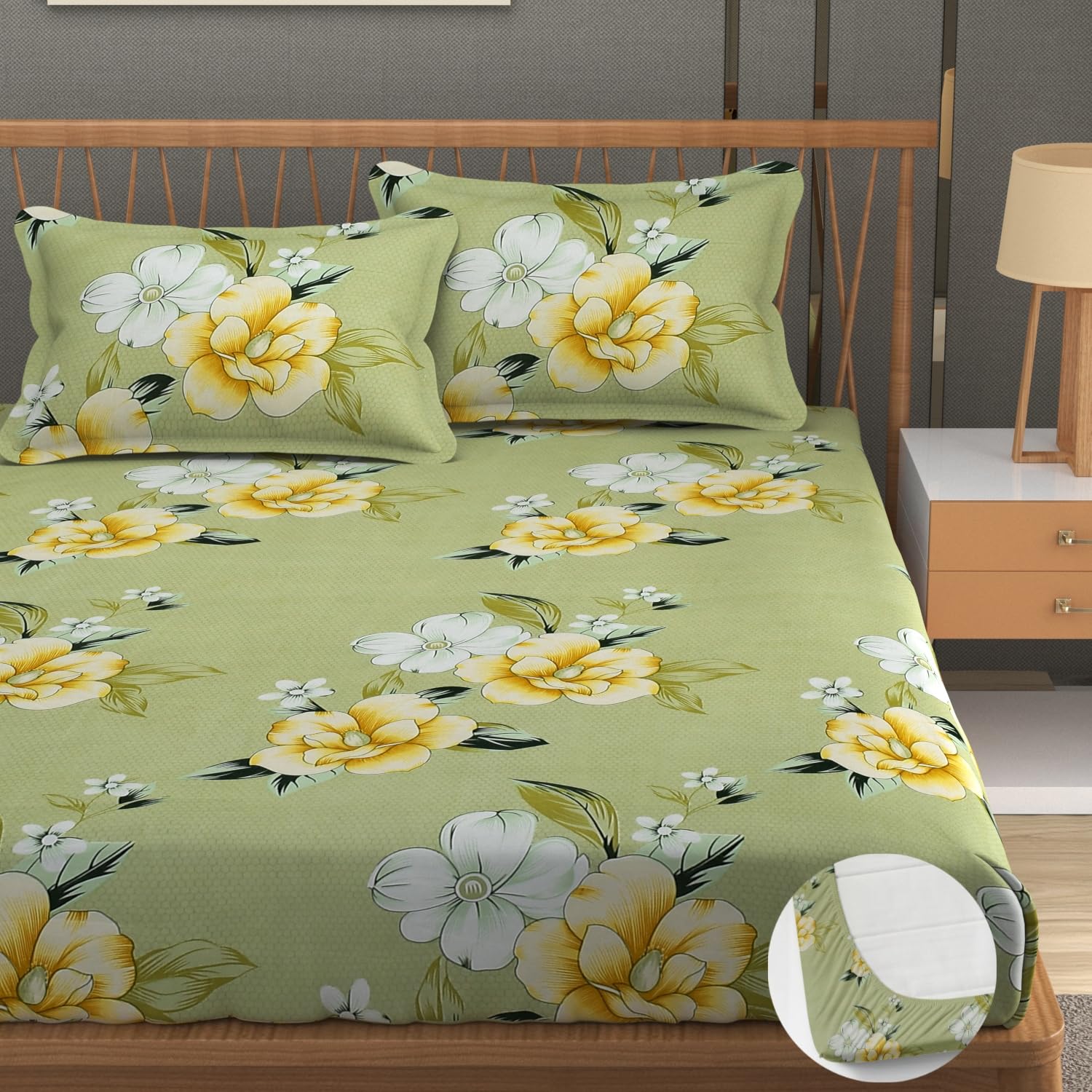 Elastic Fitted Double Bedsheets For King Size With 2 Pillow Covers - 72 X 78 X 10 Inches, Light Green | Premium Heavy Cotton All Around Elastic Fitted | Ideal For Hotel, Home, Bedroom