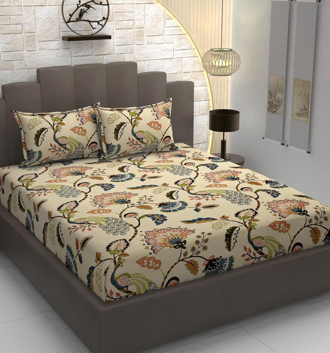 Premium Heavy Cotton Elastic Fitted King Size Bedsheet With 2 Pillow Covers - 72 X 78 X 10 Inches, Beige | All Weather Comfort & Bedroom