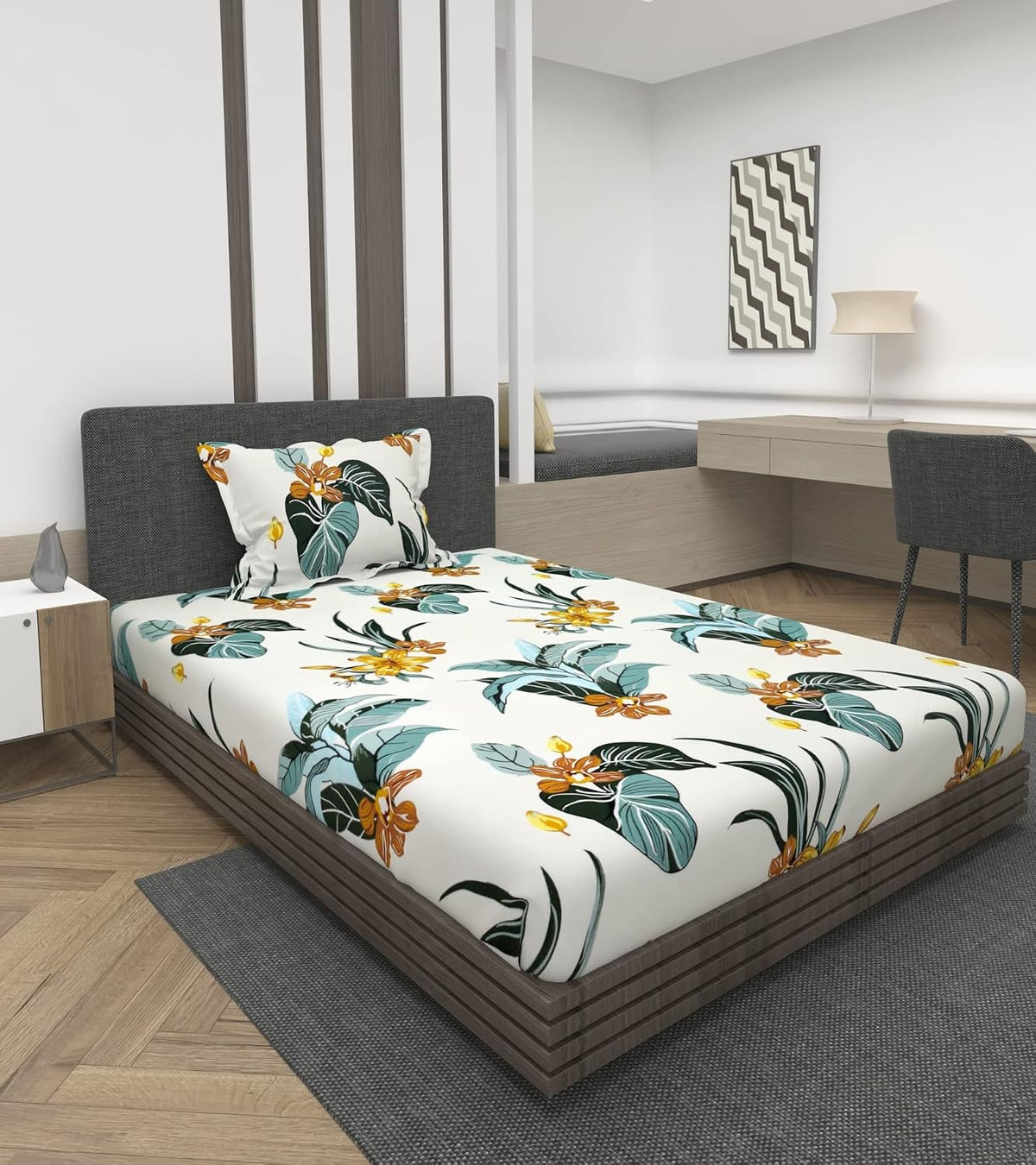 Printed Single Bedsheet With Pillow Covers - 36 X 78 Inches, White | Cotton Feel All Around Premium Elastic Fitted Bedsheet Ideal For Bedroom Style