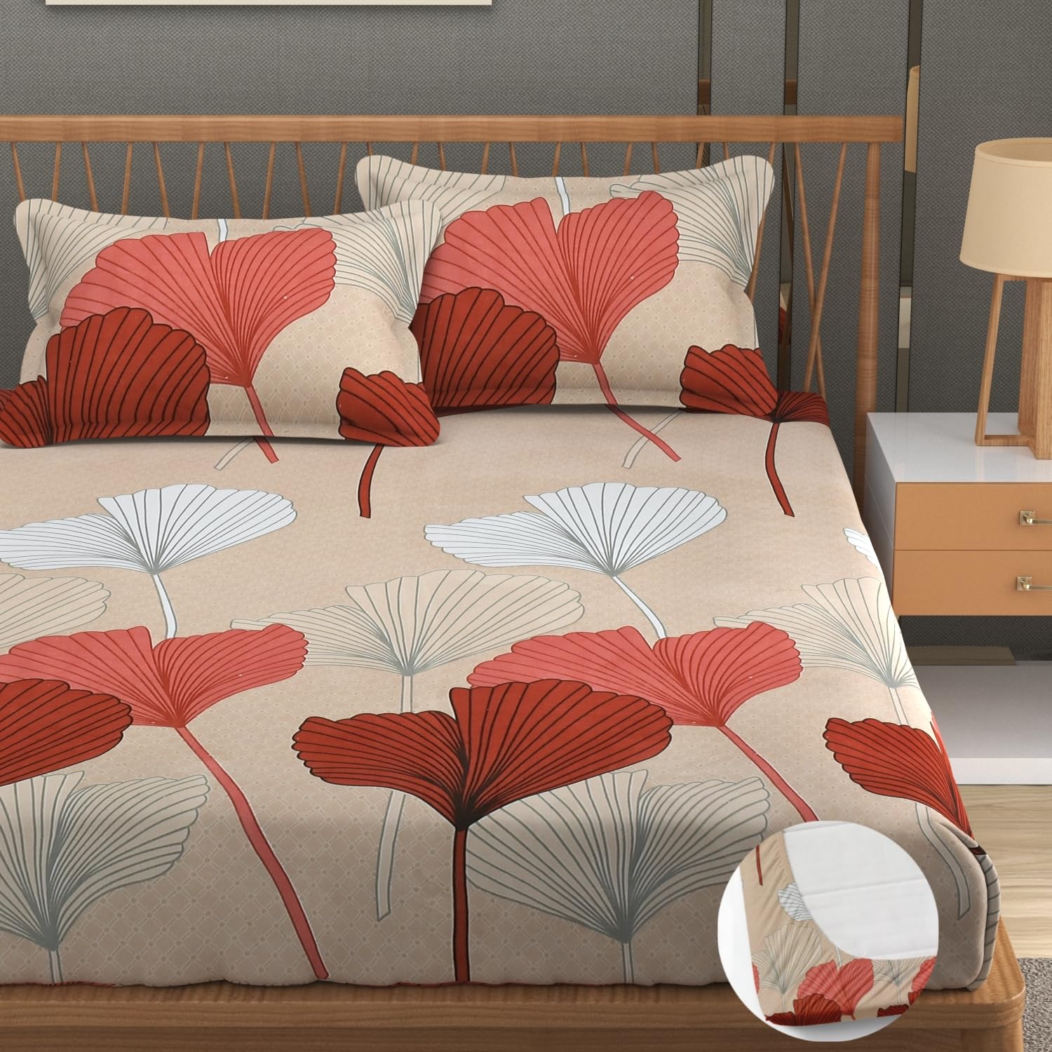 Premium Heavy Cotton Elastic Fitted King Size Bedsheet With 2 Pillow Covers - 72 X 78 X 10 Inches, Beige | All Weather Comfort & Bedroom