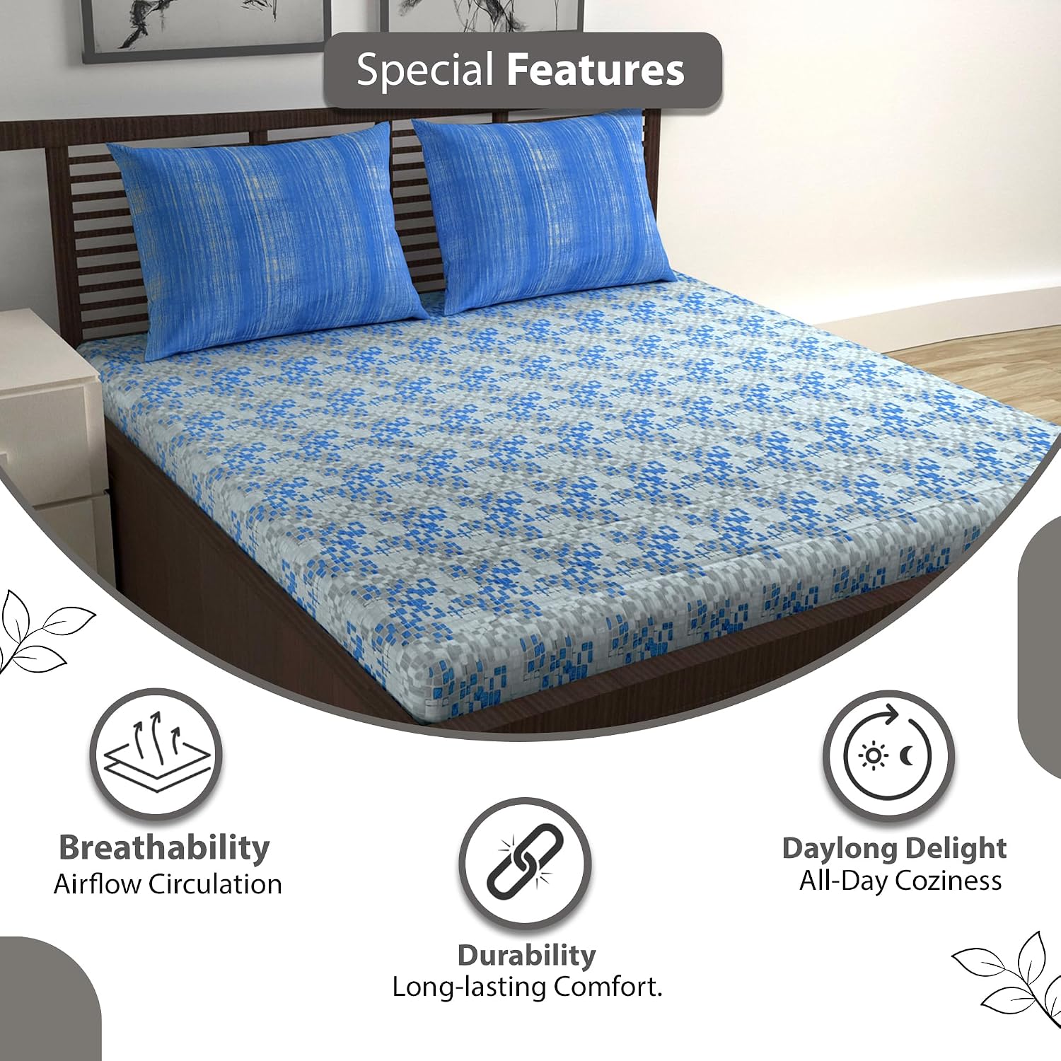 Super Soft 100% Cotton Bedsheet For Queen Size With 2 Pillow Covers | 87 X 100 Inches, Grey & Blue - Perfect For Home Decor & Gifts | 144 Thread Count