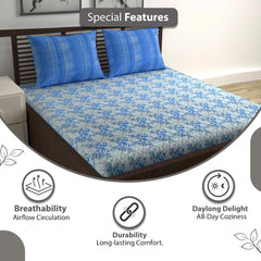 Super Soft 100% Cotton Bedsheet For Queen Size With 2 Pillow Covers | 87 X 100 Inches, Grey & Blue - Perfect For Home Decor & Gifts | 144 Thread Count