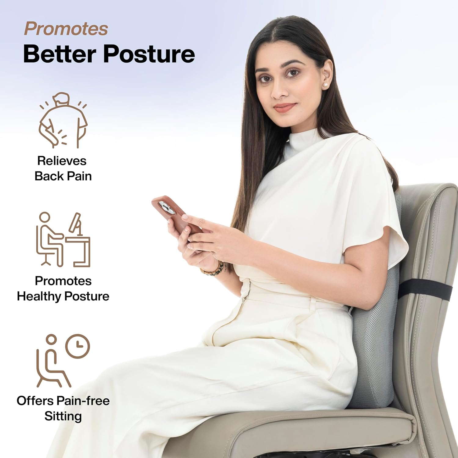 Gel Memory Foam Pillow Car Seat Back Support, For Back Pain Relief, Mesh Grey, Large Size | Orthopedic Lumbar Back Rest For Pain Relief - Back Pillow For Sitting | Adjustable Pillow