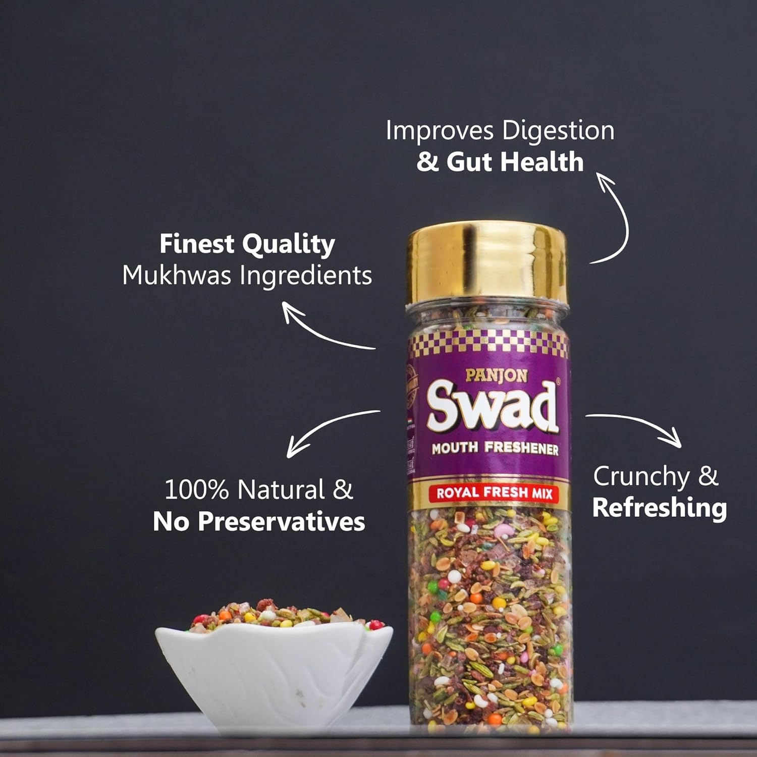 Panjon Swad White Sweet Saunf & Royal Fresh Mix Mouth Fresheners 240gm, (120gm *2 Bottles)