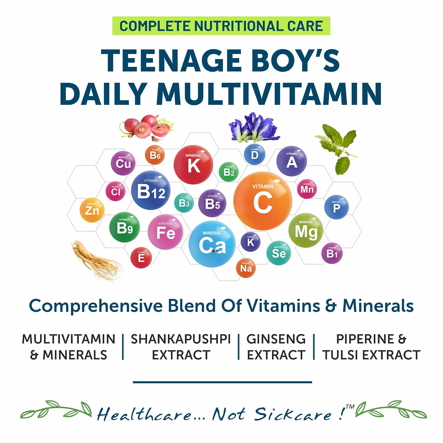 Bliss Welness Teenage Boy Multivitamin With Vitamin & Minerals, Brahmi, Shankpushpi, Ginseng & Ashwagandha Extract, For Strength, Immunity, Bone ,muscle Health | 60 Tablets , 100gm 0.2lbs