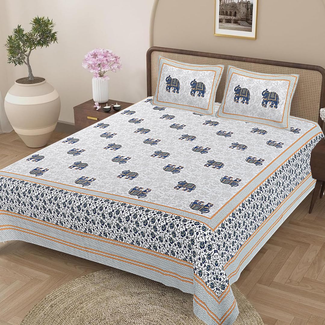 Jaipuri Cotton King Size Bedsheet With 2 Pillow Covers | 108 X 108 Inches, Grey & Blue | Traditional Printed Elephants Design | All Season Comfort & Festival Gift