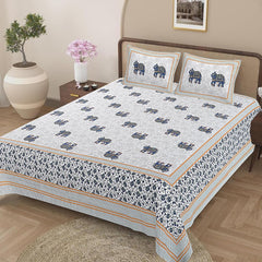 Jaipuri Cotton King Size Bedsheet With 2 Pillow Covers | 108 X 108 Inches, Grey & Blue | Traditional Printed Elephants Design | All Season Comfort & Festival Gift